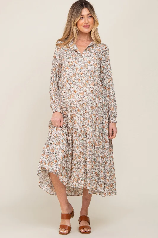 Beige Floral Button Front Long Sleeve Tiered Maternity Midi Dress