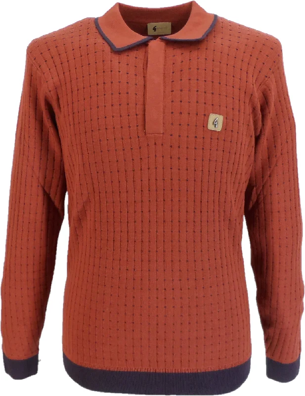 Knitted EmbroideredGabicci Mens Rust Brown Textured Retro Knitted Polo