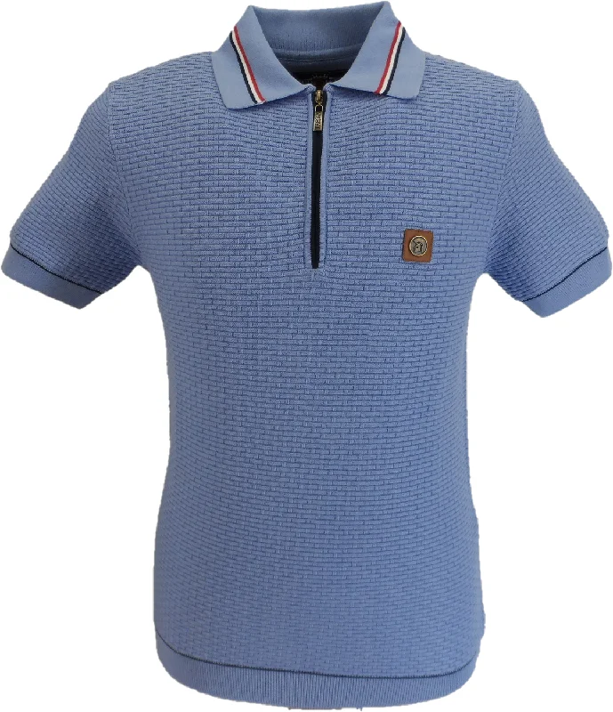 Knit FallTrojan Mens Sky Blue Zip Basket Weave Zipped Knitted Polo Shirt