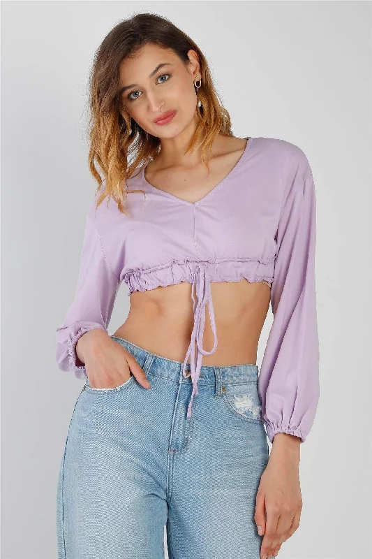 Lilac Self-Tie Ruffle Hem V-Neck Long Balloon Sleeve Crop Top /2-2-2VNeckTopStrata