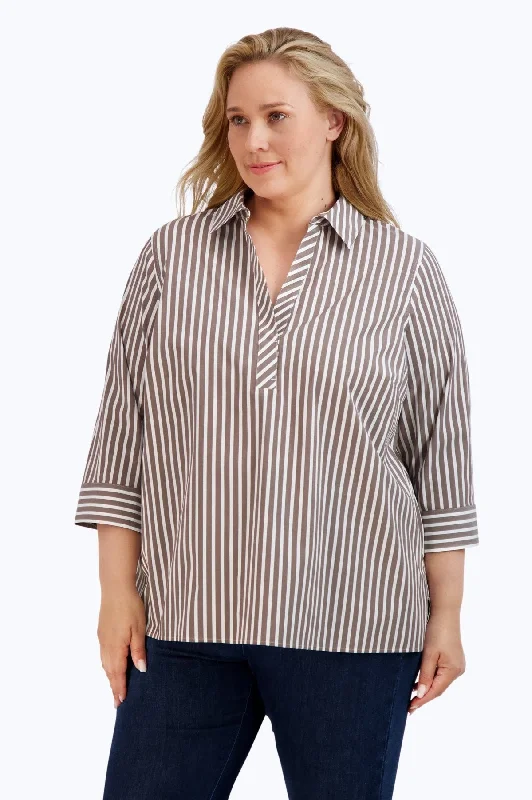 Cotton ShirtsSophia Plus No Iron Stretch Stripe Long Sleeve Popover Shirt, Brown/White Stripe