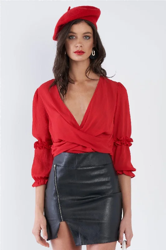 Red Sheer Chiffon Tiered Ruffle Puff Sleeve Crop V-Neck Top /2-2-2VNeckTopSpartan