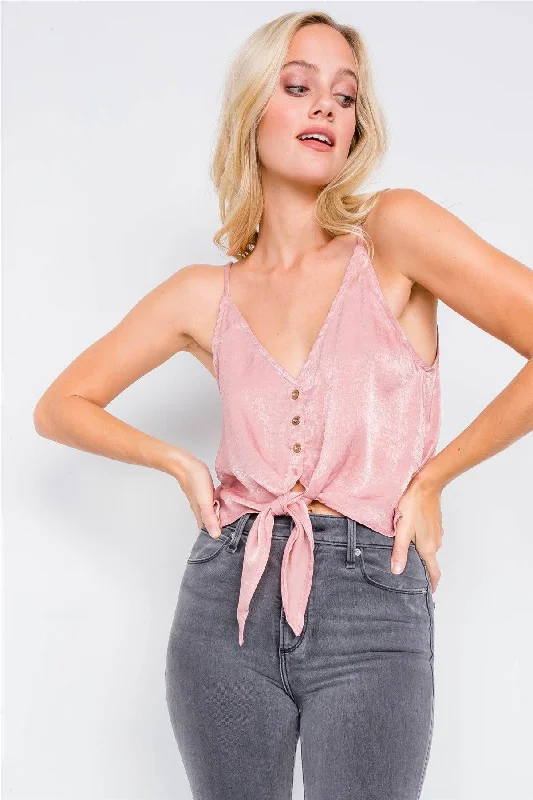 Pink Silk V-Neck Front Knot Button Down Casual Chic Top /2-2-1VNeckTopZen