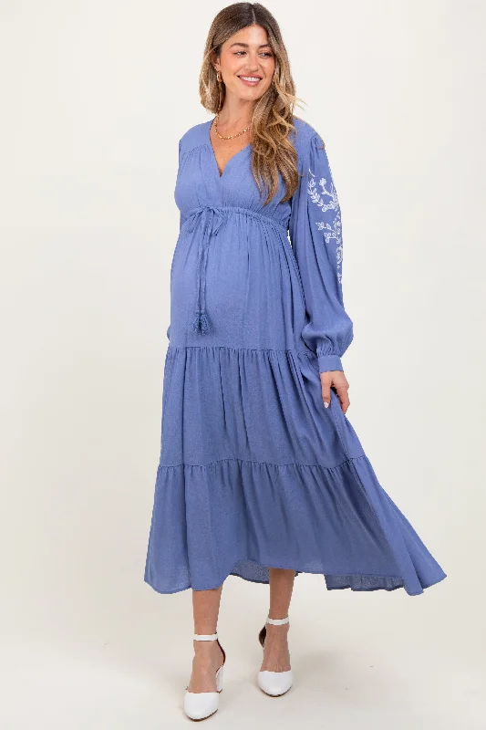 Blue Embroidered Long Sleeve Maternity Maxi Dress