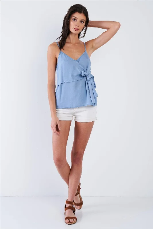 Denim Blue V-Neck Front Bow Adjustable Cami Top  /3-2-1VNeckTopEdge