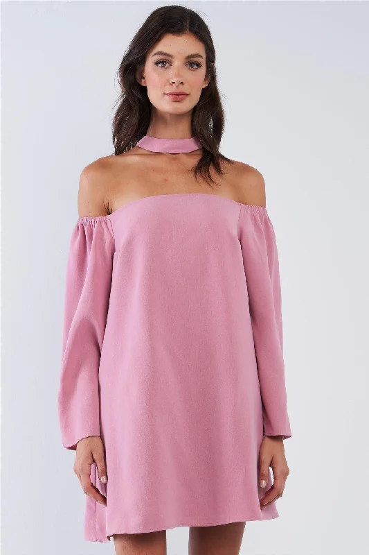 Mauve Pink Back T-Shaped Halter Tie Zipper Closure Loose Fit Off-The-Shoulder Long Sleeve Mini Dress /1-1-3-2