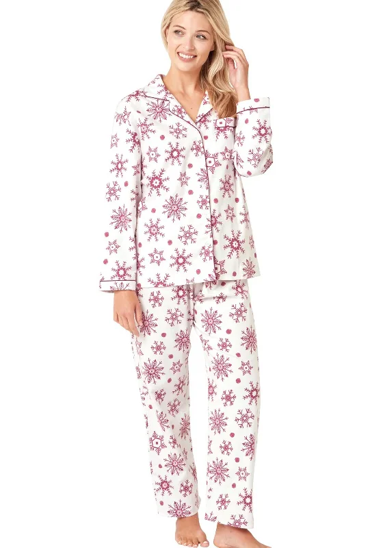 Indigo Sky Snowflake Brushed Cotton Pyjama Set, Rose Wine