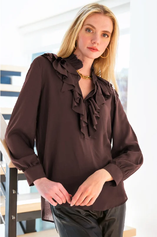 Lace-Up ShirtsRory Espresso Brown Viscose Voile Fray Neck Top