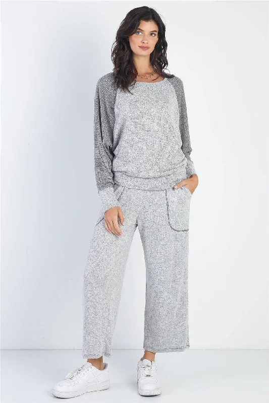 Stretch PantsHeather Grey Round Neck Long Sleeve Top & Relax Fit Pants Set /1-1-1