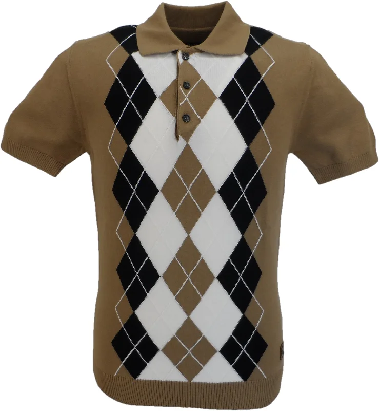 Knit StripedTrojan Records Camel Brown Argyle Fine Gauge Knitted Polo Shirt