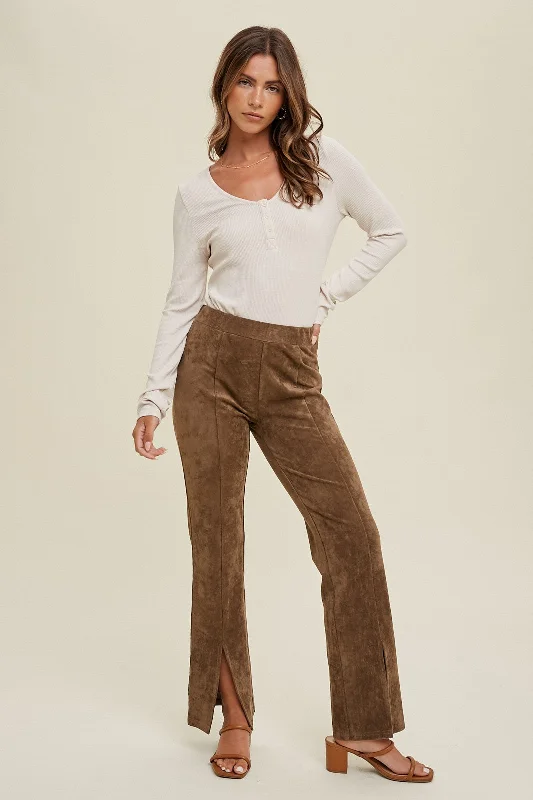 Stretch PantsMocha Suede Pants With Front Slit Detail