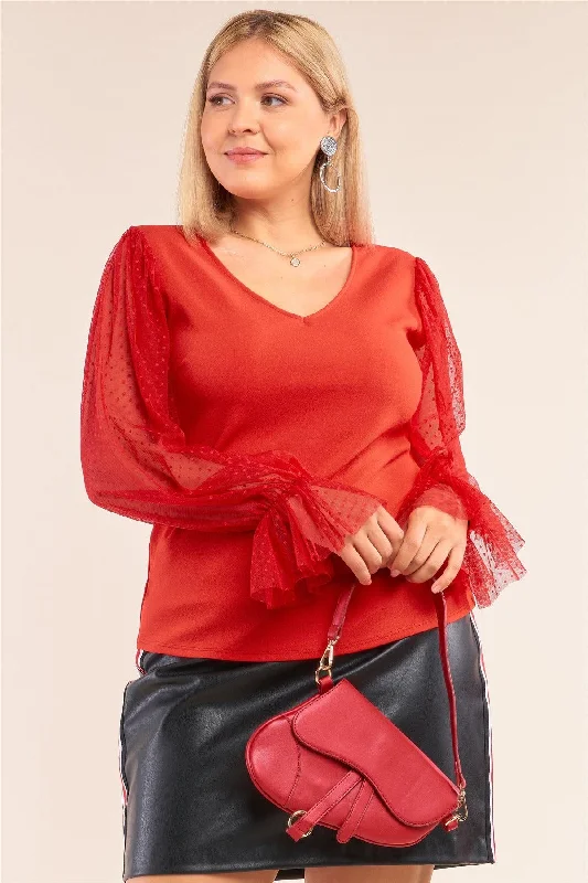 Junior Plus Size Red Relaxed Fit Deep Plunge V-Neck Long Polka Dot Mesh Balloon Sleeve Top /2-2-2VNeckTopSteel