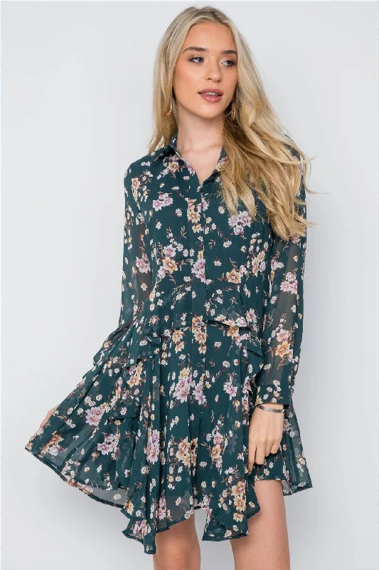 Green Floral Print Long Sleeve Chiffon Flounce Dress /1-2-2-1