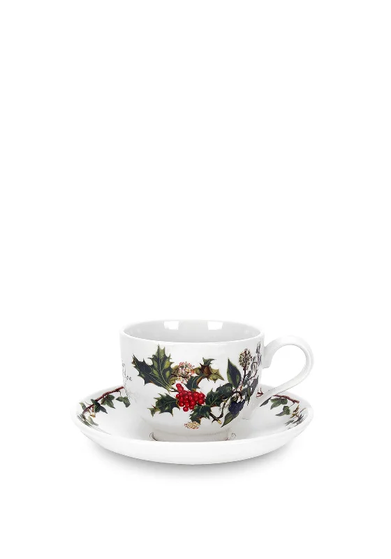 Portmeirion The Holly and The Ivy Teacup & Saucer Set, Cream Multi