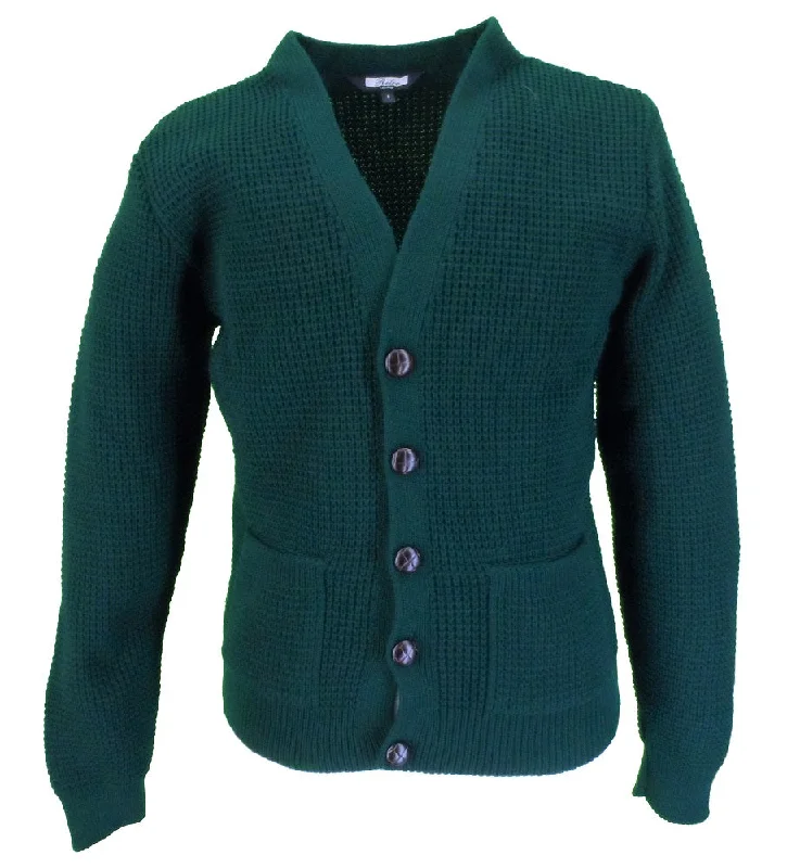 Knit EmbroideredRelco Classic Retro Waffle Knit Dark Green Cardigan