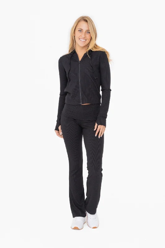 TrousersBlack Ribbed Foldover Flared Pants