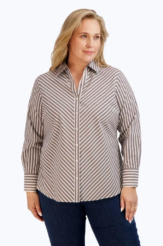 Lounge ShirtsMary Plus No Iron Stretch Stripe Long Sleeve Shirt, Brown/White Stripe