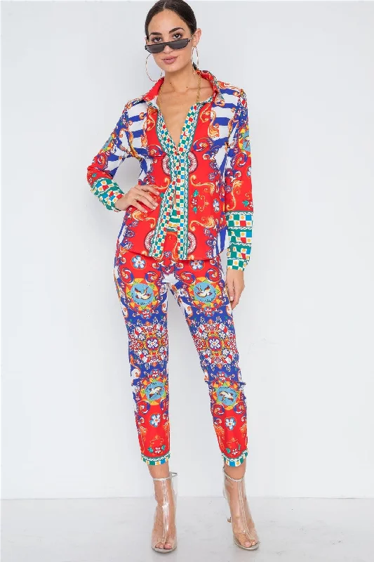 Harem PantsRed Multi Pattern Print Button Down Blouse Pants Set