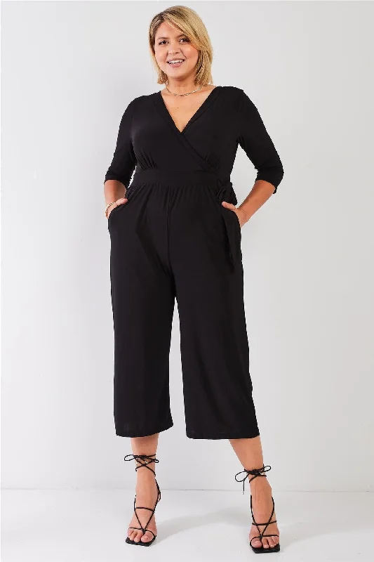 Junior Plus Black Plunging V-Neck Midi Sleeve Self-Tie Waist Detail Wide Leg Midi Jumpsuit /0XVNeckTopHalo