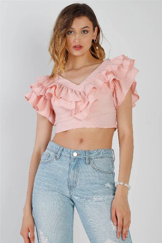 Pink Textured Layered Ruffle Detail V-Neck Crop Top /2-2-2VNeckTopValley