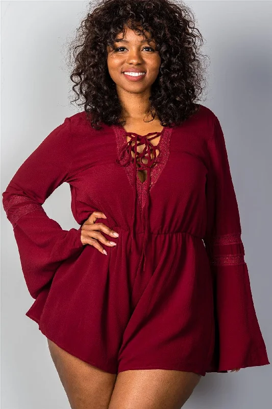 Burgundy Plunging V-Neck Plus Size Romper /2-2-2VNeckTopEclipse