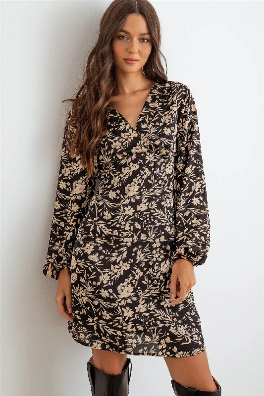 Black Flower Satin Long Sleeve Wrap Neck Mini Dress