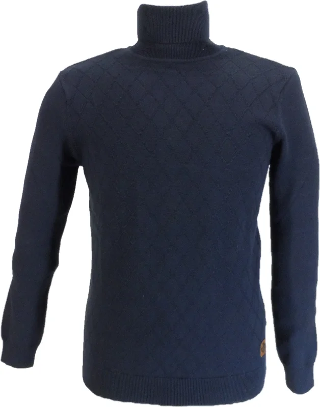 Knit RibbedTrojan Mens Navy Blue Fine Gauge Diamond Panel Roll Neck Jumper