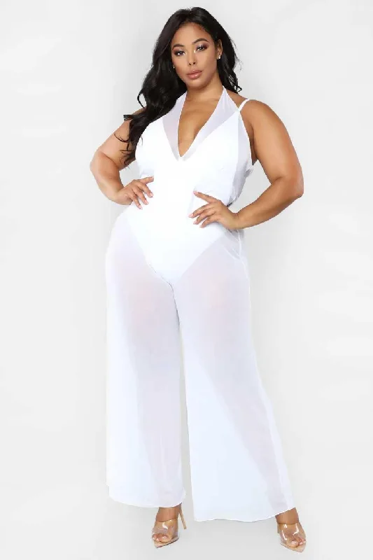 White V-Neck Sleeveless Wide Leg Sheer Jumpsuit Cover UpVNeckTopSolar