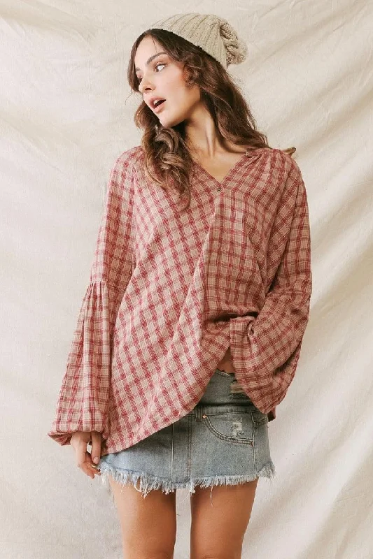 Plaid Cotton Material V-Neck Relax Top /2-2-2VNeckTopPinnacle