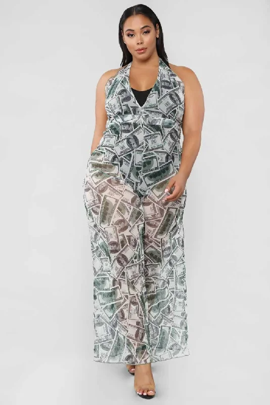 Green Money Dolla Signs Print V-Neck Sleeveless Wide Leg Sheer Jumpsuit Cover UpVNeckTopStellar