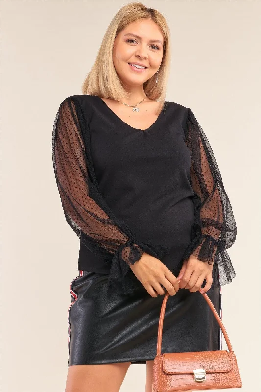 Junior Plus Size Black Relaxed Fit Deep Plunge V-Neck Long Polka Dot Mesh Balloon Sleeve Top /2-2-2VNeckTopTitan