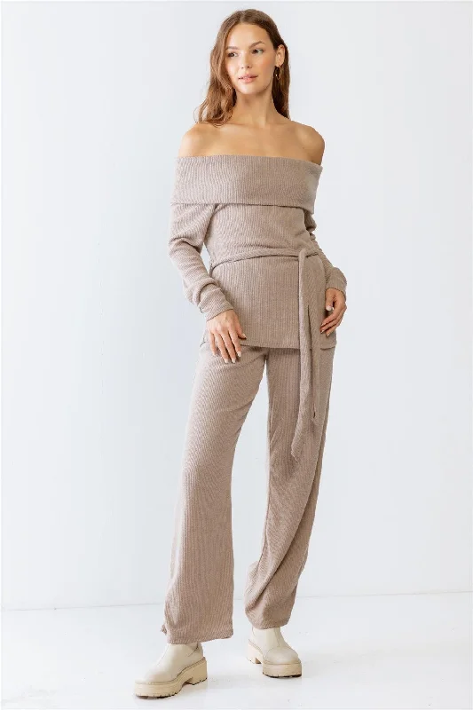 SweatpantsMocha Ribbed Soft To Touch Off-The-Shoulder Belted Top & Two Pocket High Waist Pants Set S-M-L/2-2-2