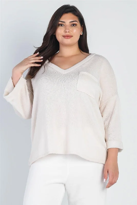 Junior Plus Cream Knit V-Neck Pocket Front Top /3-2-1VNeckTopTerra