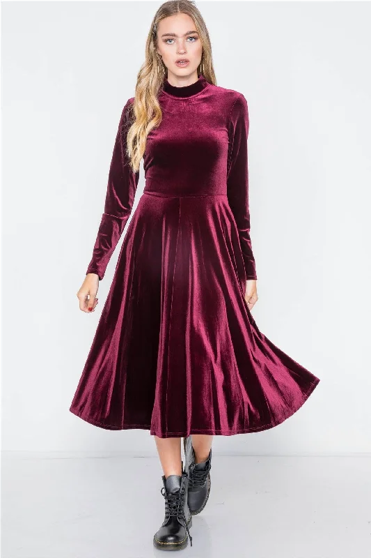 Wine Velvet Long Sleeve A-Line Midi Evening Dress