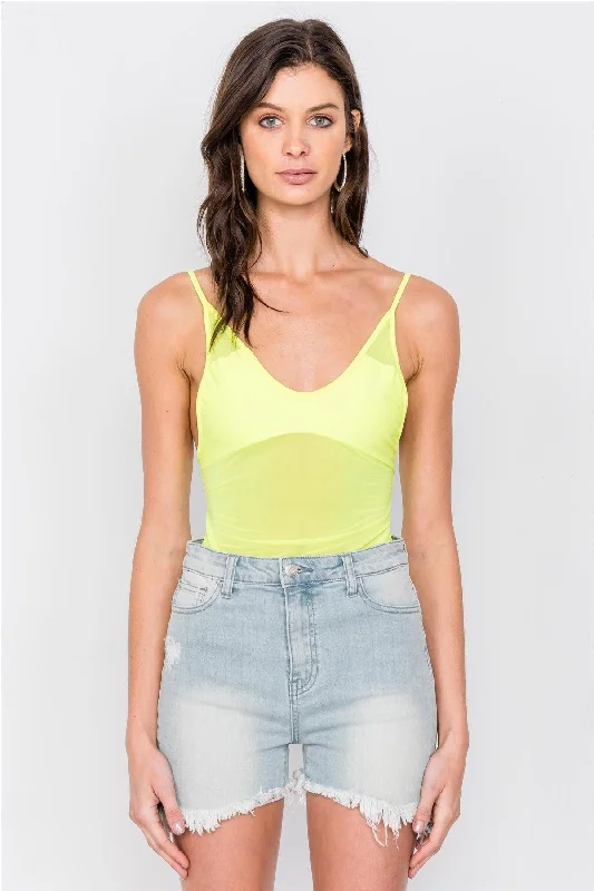 Neon Yellow V-Neck Semi Sheer Thong Bodysuit /3-2-1VNeckTopKraken