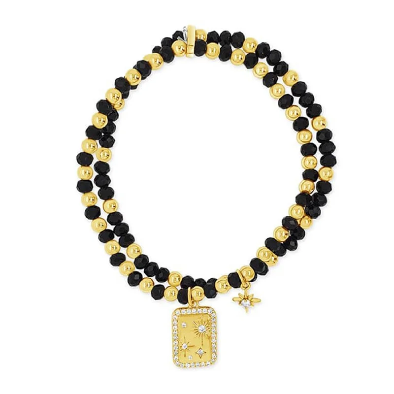 Absolute North Star Pendant Beaded Bracelets Set of 2, Gold & Black