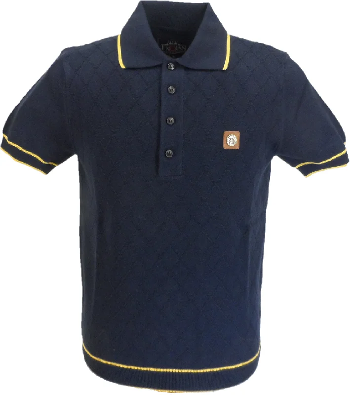 Knit LightweightTrojan Records Mens Navy/Mustard Diamond Fine Gauge Knitted Polo Shirt