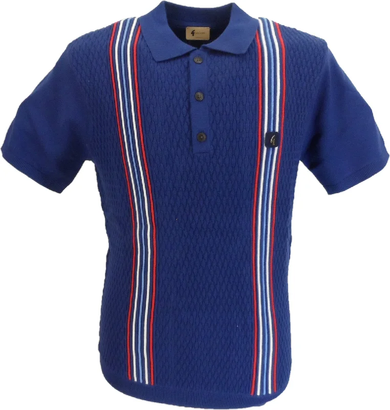 Knitted FittedGabicci Vintage Mens Insignia Blue Textured Knitted Polo Shirt