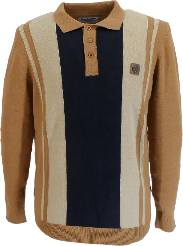 Knit OversizedLambretta Mens Tobacco Brown /Navy Striped Knitted Polo Shirt