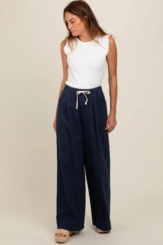 Pajama PantsNavy Blue Drawstring Wide Leg Pants