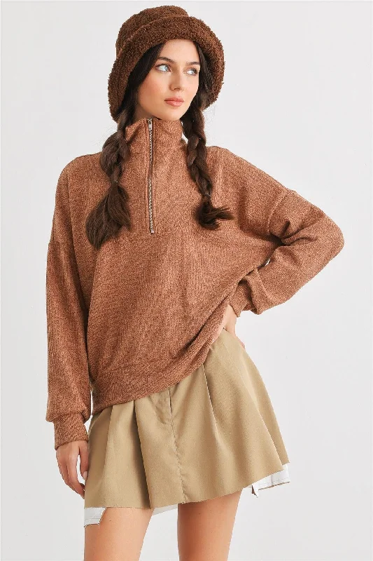 Camel Knit Zip-Up Neck Long Sleeve Top /2-2-2