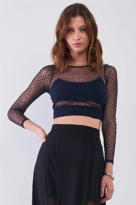 Navy Combo Sheer Lace Mesh Polka Dot Long Sleeve Crop Top /1-2-2-1