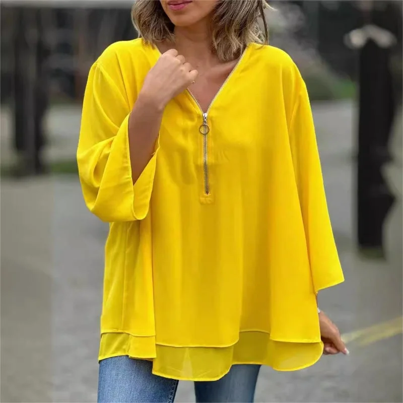 49% OFF TODAY💥2024 Plus Size Double-Layer V-neck Zipper 3/4 Sleeves Soft TopsVNeckTopValkyrie