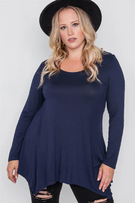 Plus Size Navy Blue Long Sleeve Basic Top