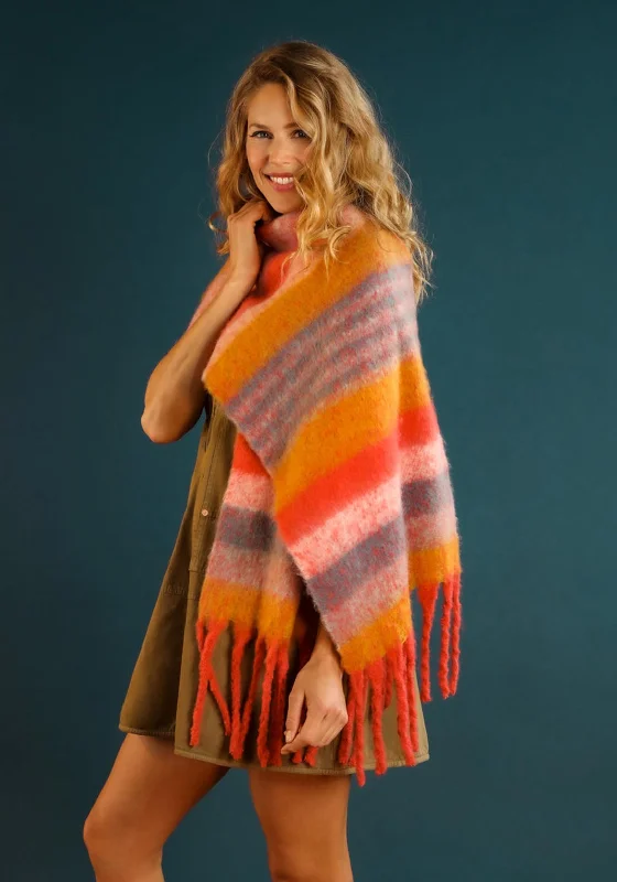 Denim with jacketPowder Enid Stripe Cosy Knit Scarf, Tangerine & Denim