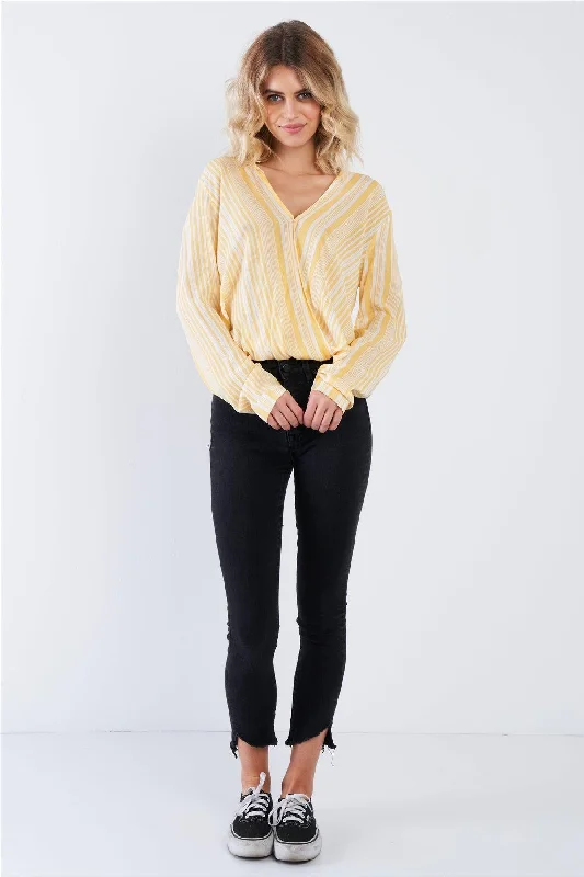 Lemon Yellow Drop & White Stripe V-Neck Top  /2-2-1VNeckTopDragon