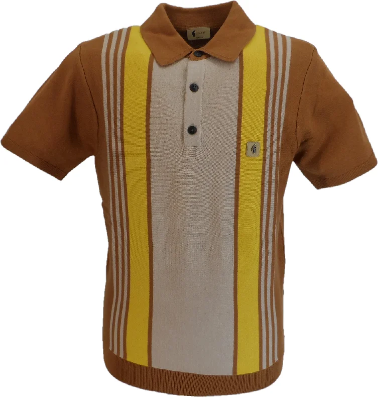 Knit FormalGabicci Vintage Mens Walnut Brown Searle Stripe Knitted Polo Shirt