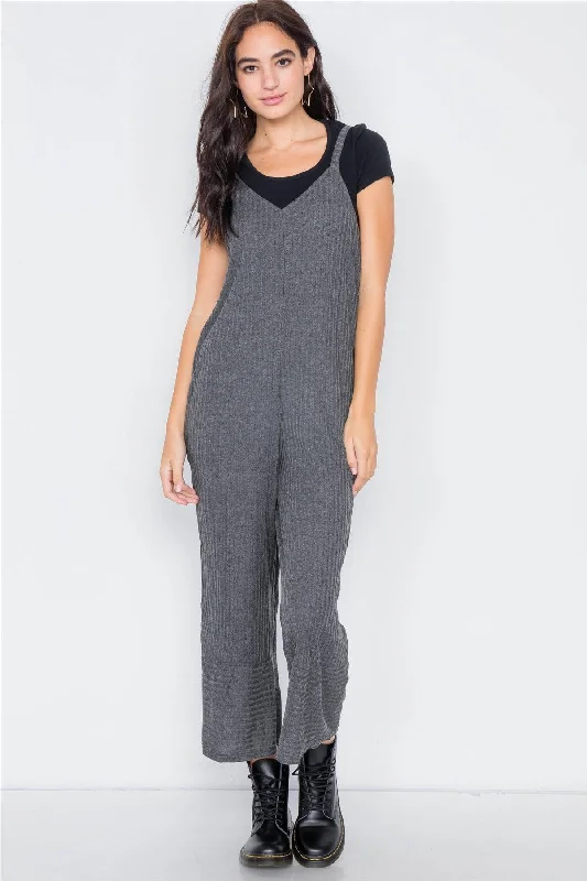 Charcoal V-Neck Ribbed Knit Gaucho Jumpsuit /3-2-1VNeckTopCore