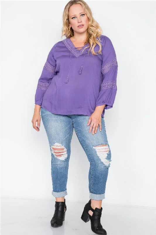 Junior Plus Size Violet Crochet Trim V-Neck Boho Top /1-2-2VNeckTopPro