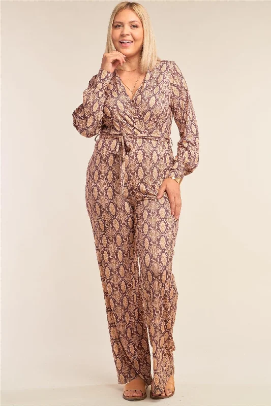 Junior Plus Size Python Print Long Sleeve Wrap V-Neck Flare Leg Jumpsuit /3-2-2